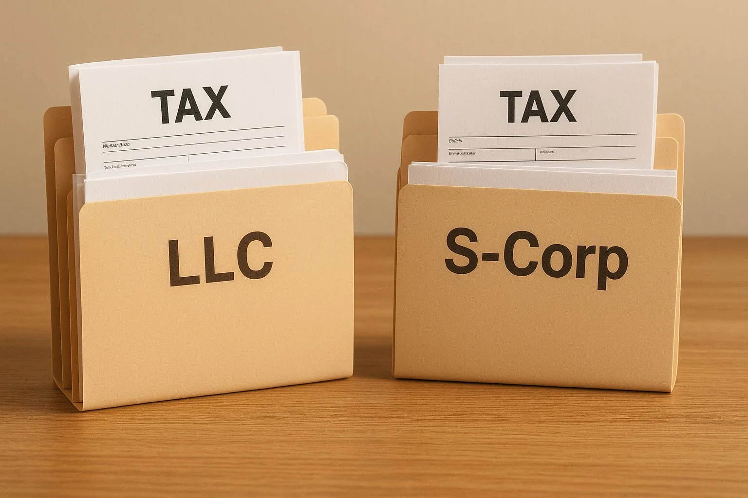 Two folders labeled LLC and S-Corp with tax papers emerging, symbolizing that both share a similar structure but differ in taxation.