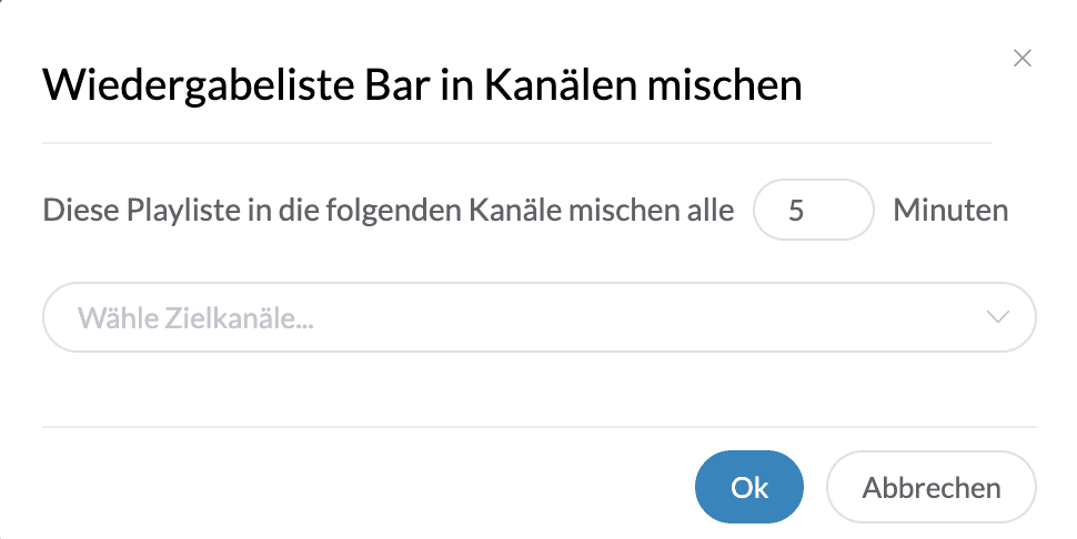 Bizplay Digital Signage CMS-Dialog, der die Option zeigt, die Playlist ‚Lunch menu‘ in Kanäle aus anderen Dashboards in einem festgelegten Intervall einzubinden und so das zentrale Teilen von Playlists sowie automatische Updates über mehrere Standorte und Niederlassungen hinweg zu ermöglichen.