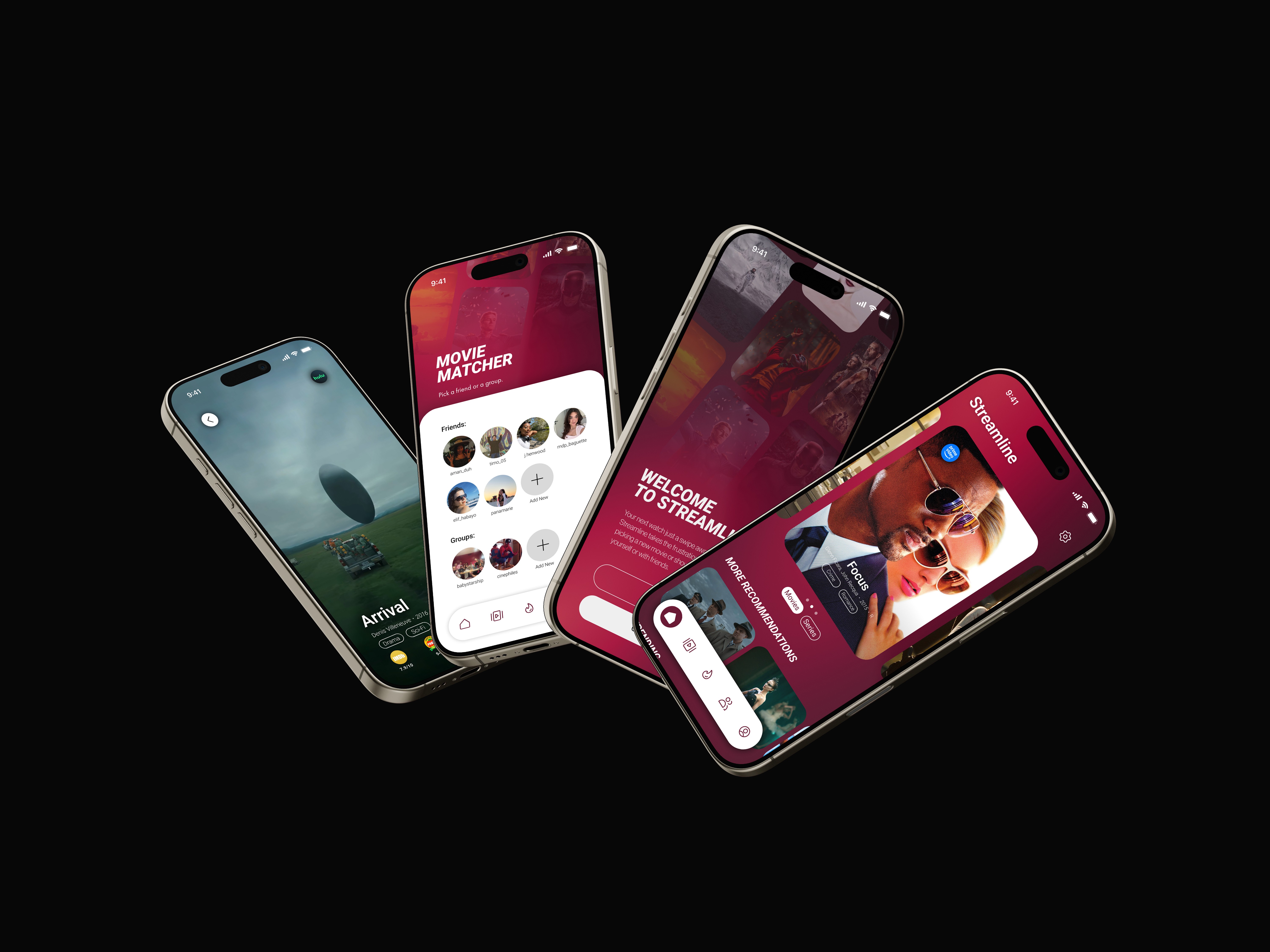 Four phones showcasing a movie related app