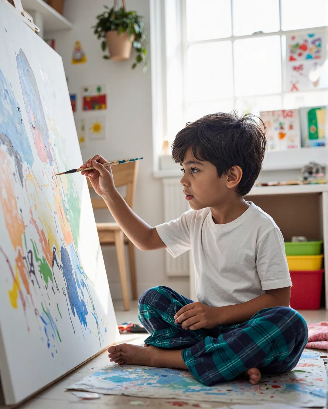 Young child in plaid loungewear and white t-shirt painting colorfully on canvas in bright art room with art supplies and natural light.