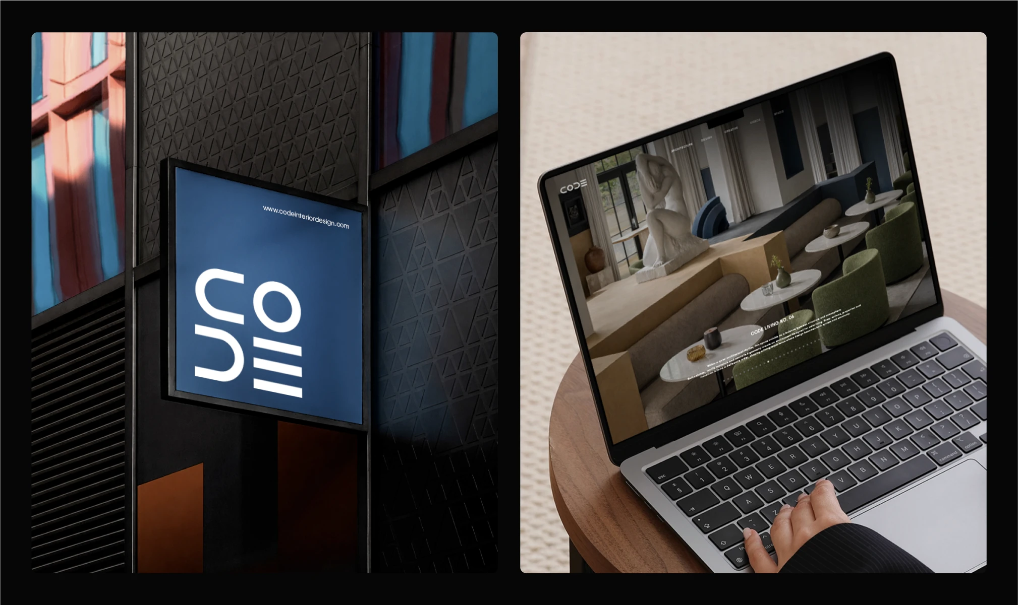 CODE brand applications shown through outdoor signage and website design on a laptop screen.