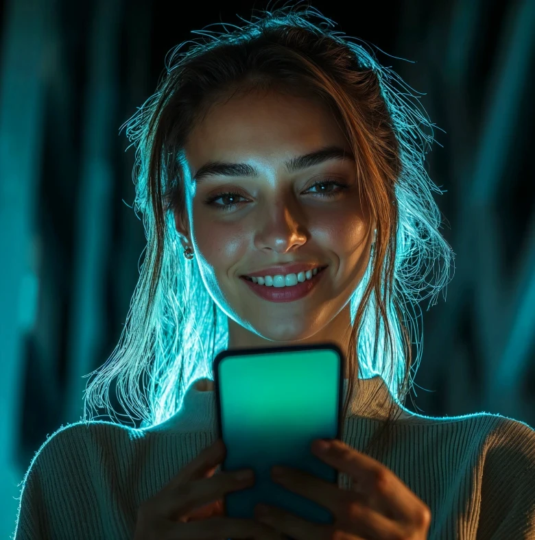 Mulher em utilizando App da Gatewafy sorrindo e feliz