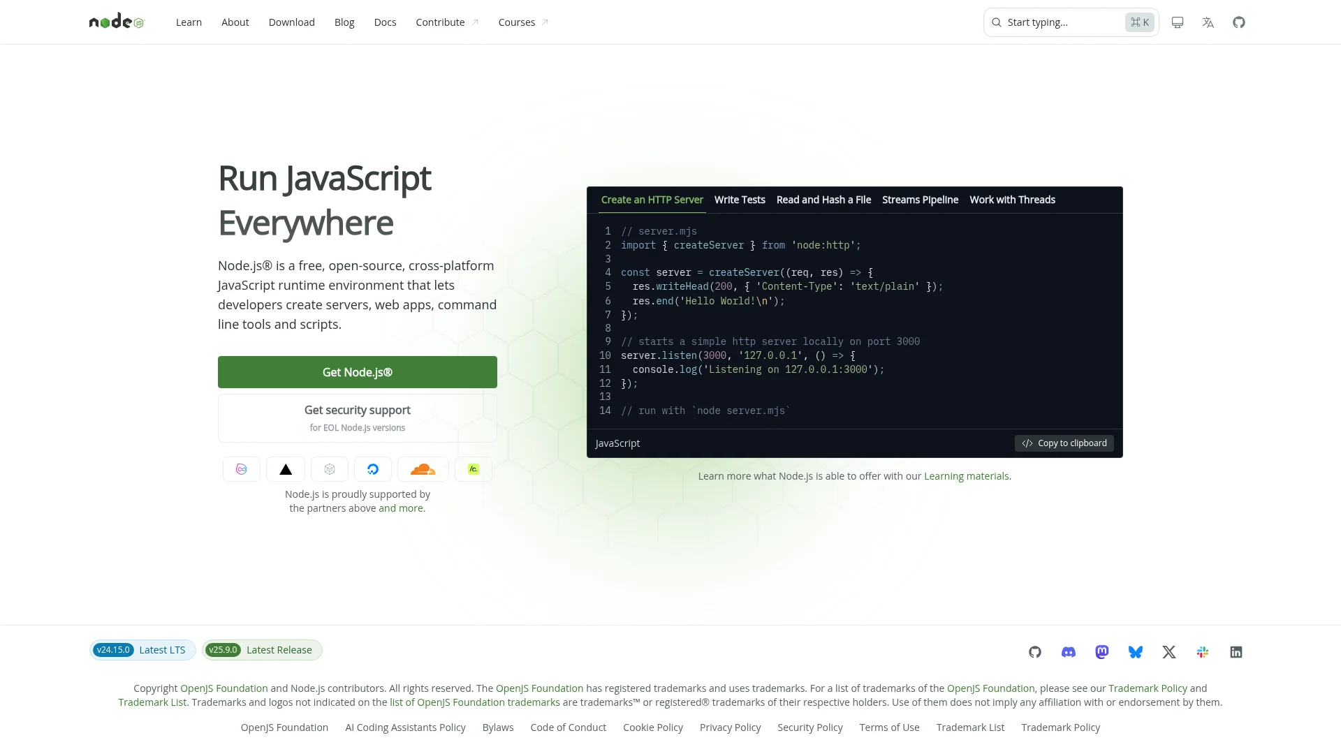 Node.js download page on nodejs.org showing the recommended LTS version button.