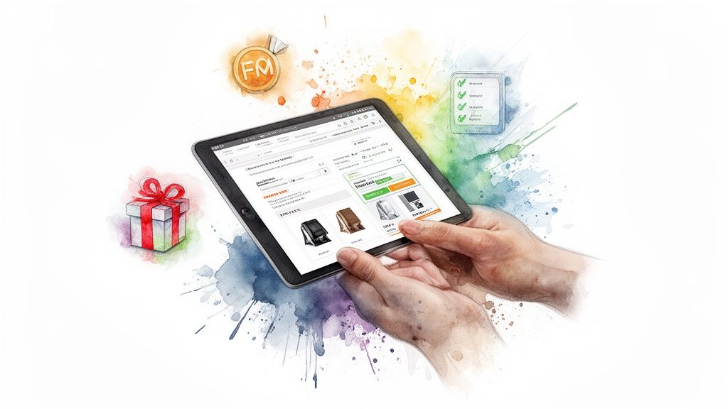 Hands interact with a tablet displaying an online shopping website, featuring products, a gift, and a checklist, amidst watercolor art.