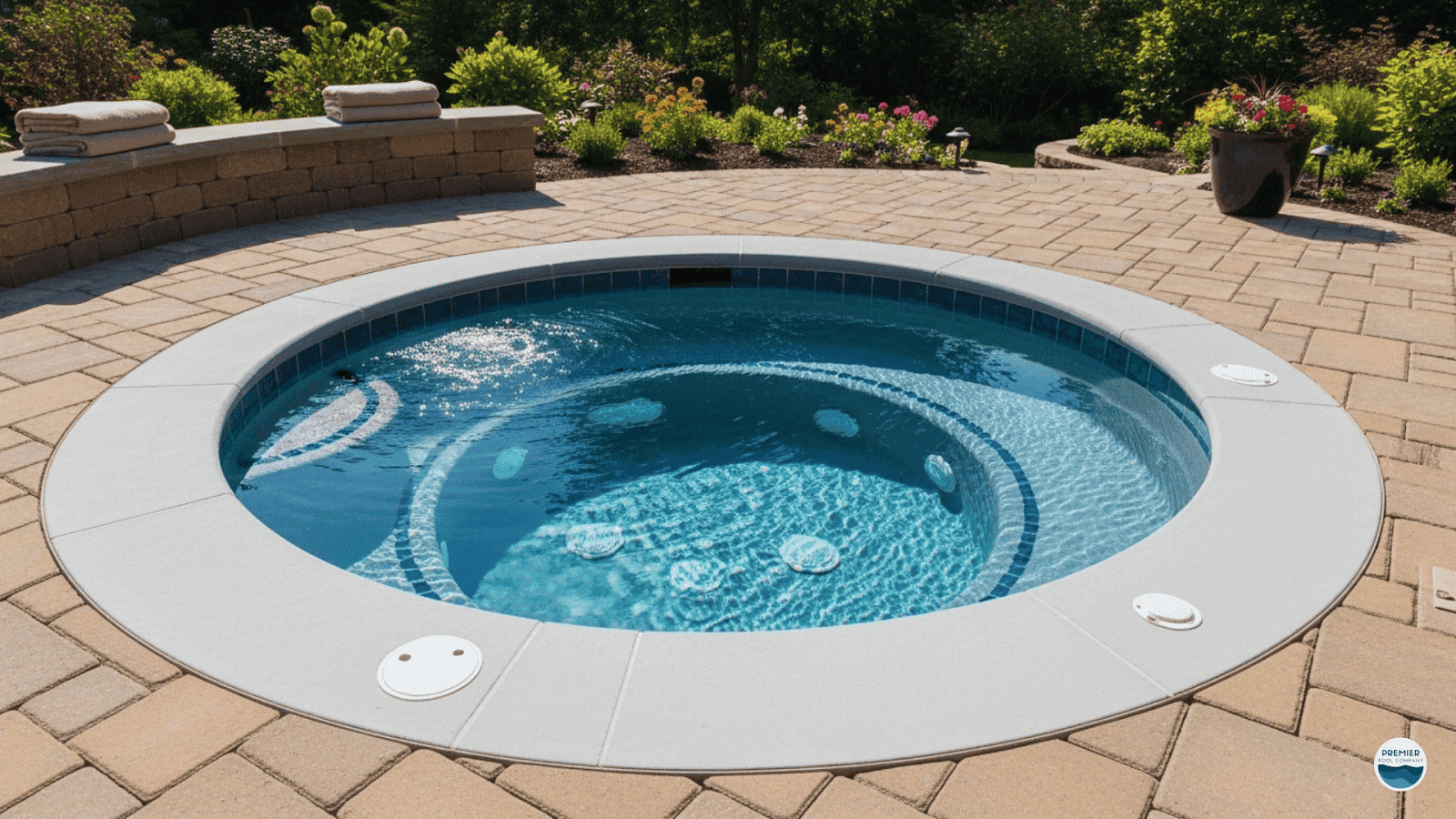 Inground jacuzzi spa installed flush with ground in backyard