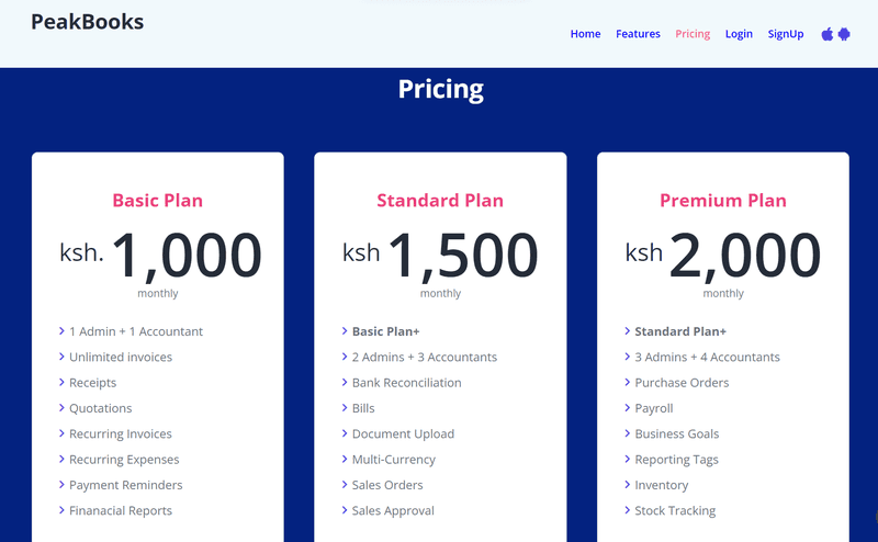 Peak Accounting Software pricing page