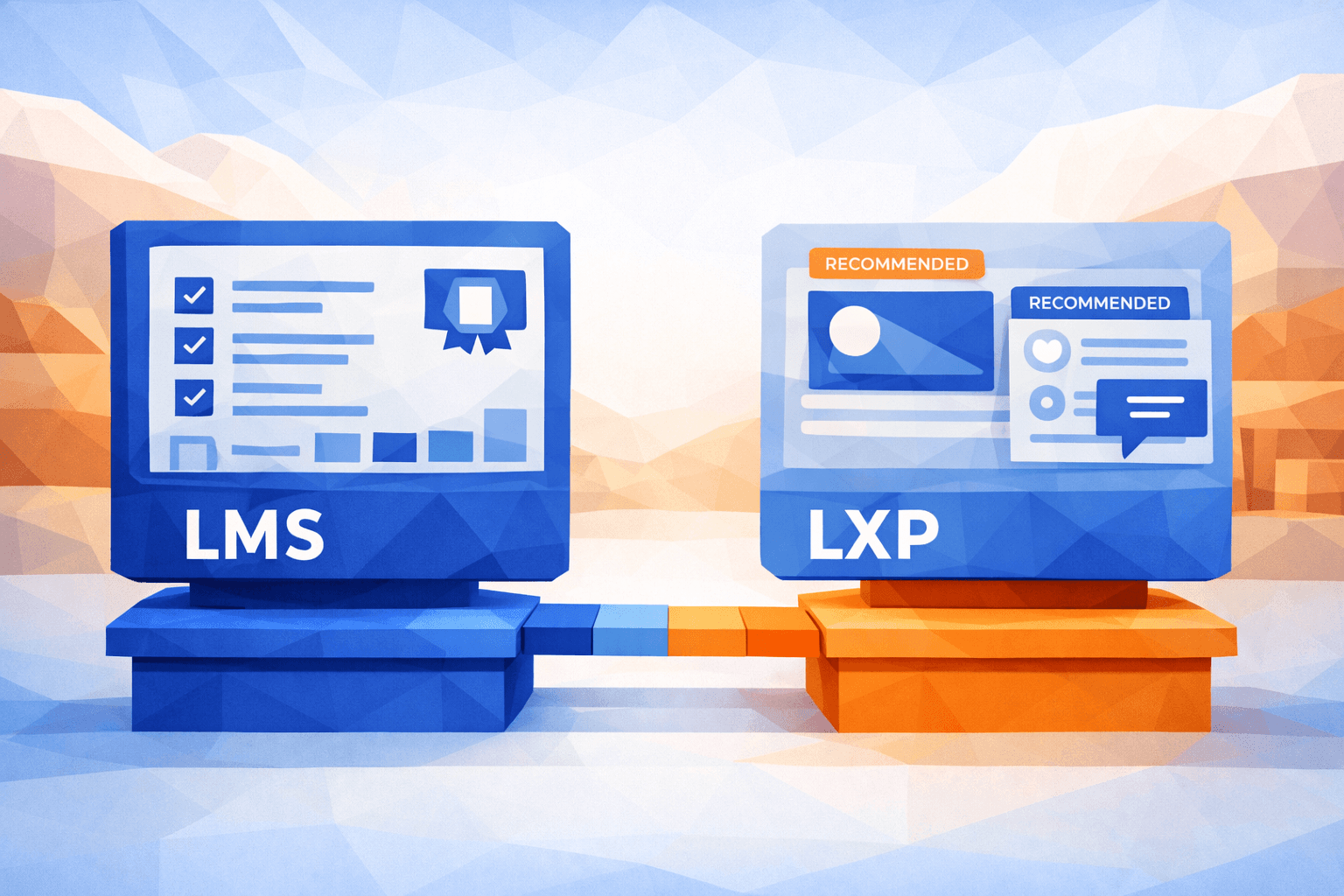 Low-poly illustration comparing an LMS and an LXP—an LMS screen with checklists and reporting on the left, an LXP screen with recommended learning cards on the right, connected by a small bridge.