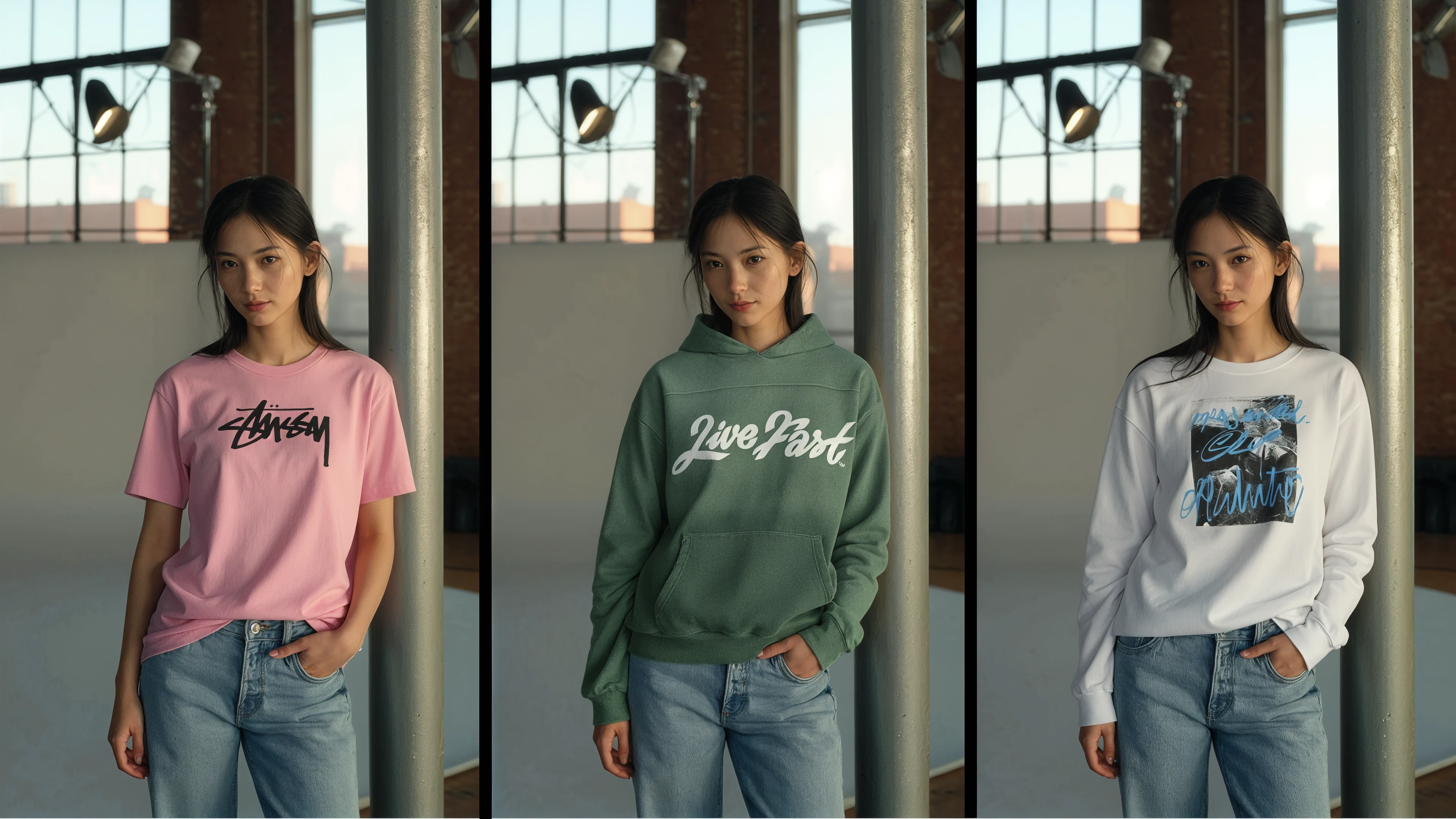 Weibliches KI-Model präsentiert drei Streetwear-Looks im Studio: rosa Stüssy T-Shirt, grüner ‚Live Fast‘ Hoodie und weißes Graphic-Sweatshirt – moderner Fashion-Content für Mode-, Lifestyle- und E-Commerce-Produktionen.