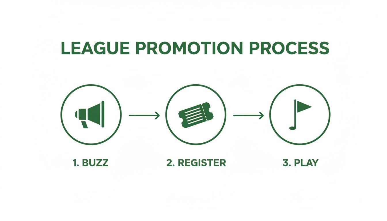 A three-step league promotion process: Buzz (megaphone), Register (ticket), and Play (golf flag).