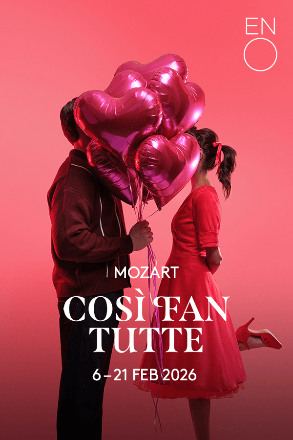 Mozart's "Così fan tutte" promotional image with couple and heart balloons.