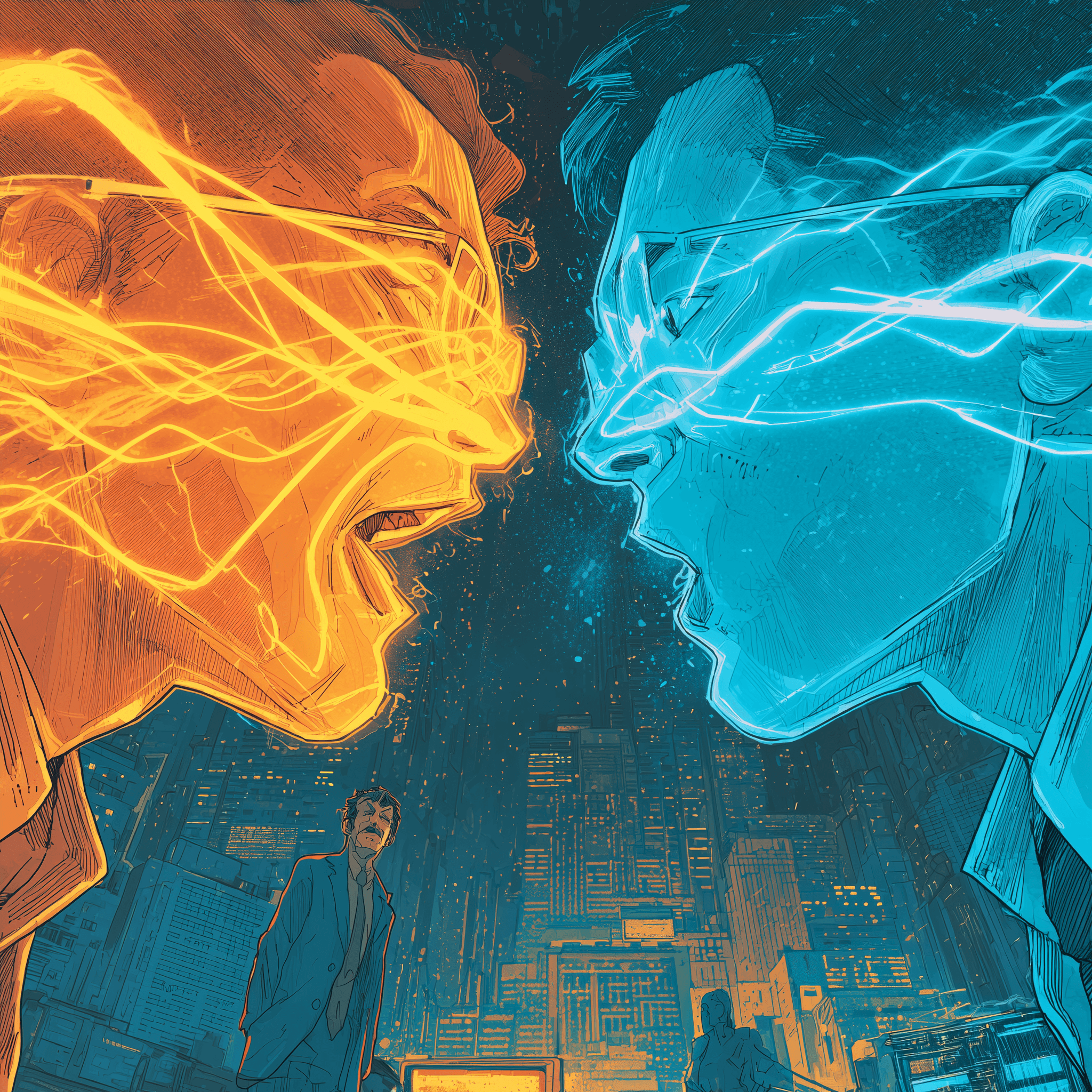 2 AI voice agents arguing with each other, whilst humans watch from the sidelines