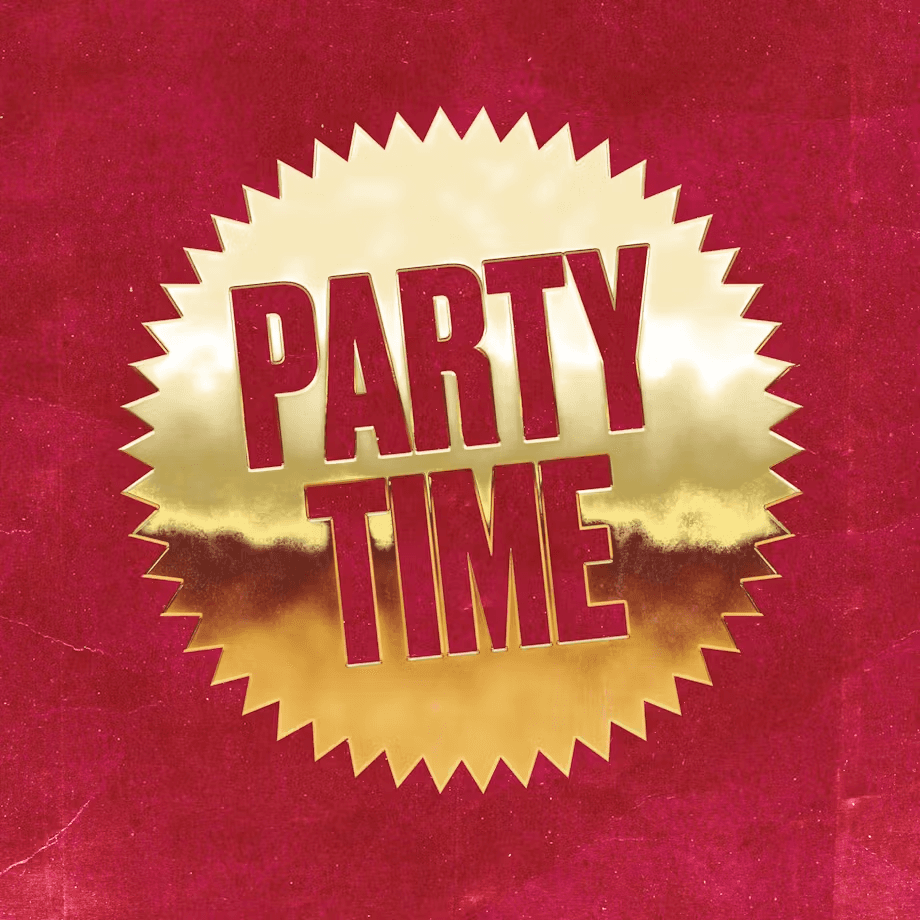 A graphic with a red background featuring a gold circular badge that reads "PARTY TIME."