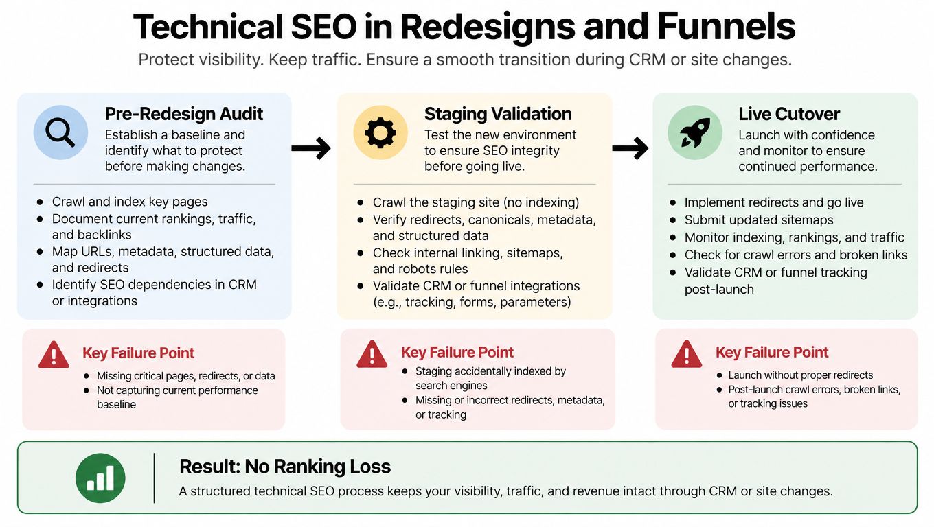 A flowchart showing the three-step technical SEO process for website redesigns, including audit, staging, and live cutover.