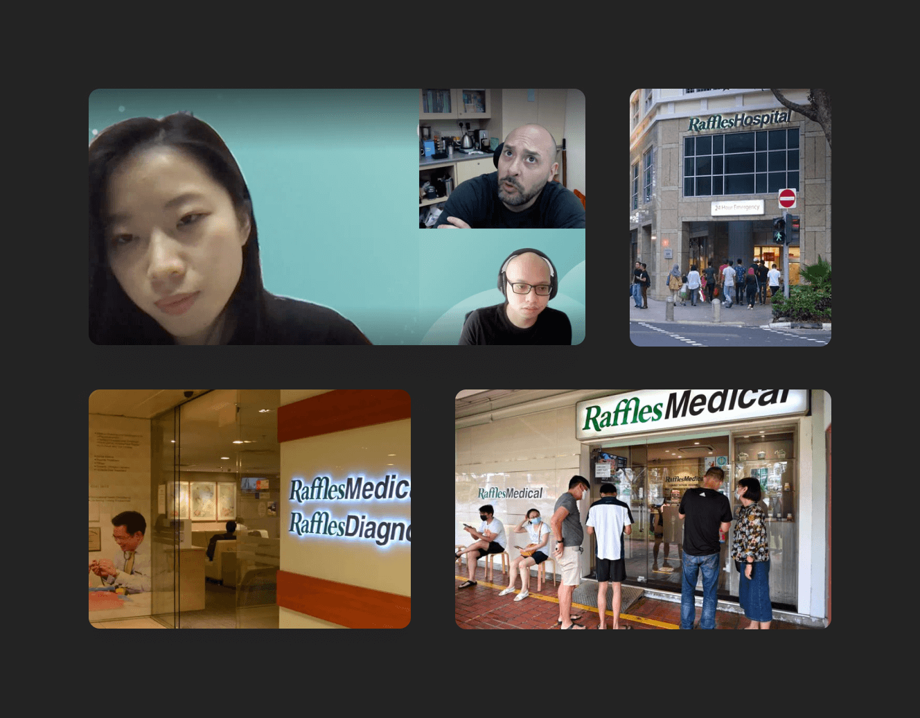 A collage of images including close-up shots of three people during a user interview, and external shots of Raffles Medical facilities.