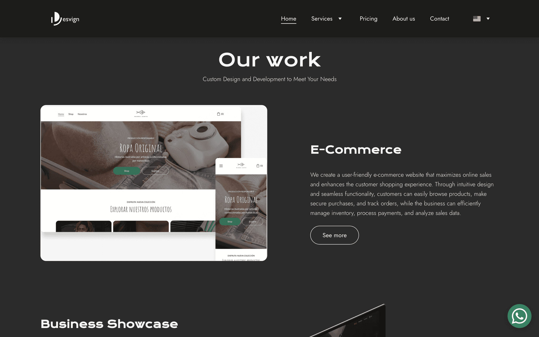 Screenshot of Desvign’s ‘Our work’ section featuring an e-commerce website mockup for desktop and mobile with a focus on user-friendly online shopping, and an additional business showcase projects.