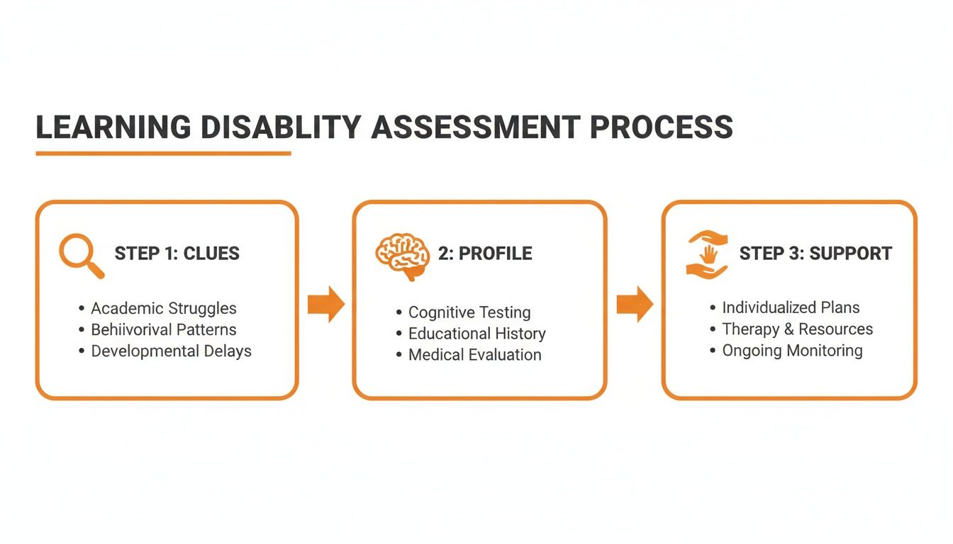 Diagram illustrating the three-step learning disability assessment process, from identifying clues to providing support.