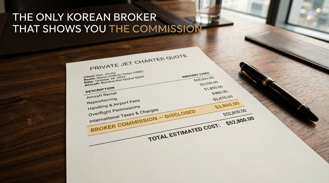 Transparent private jet charter quote with itemized broker commission — Air Charter Korea 2026
