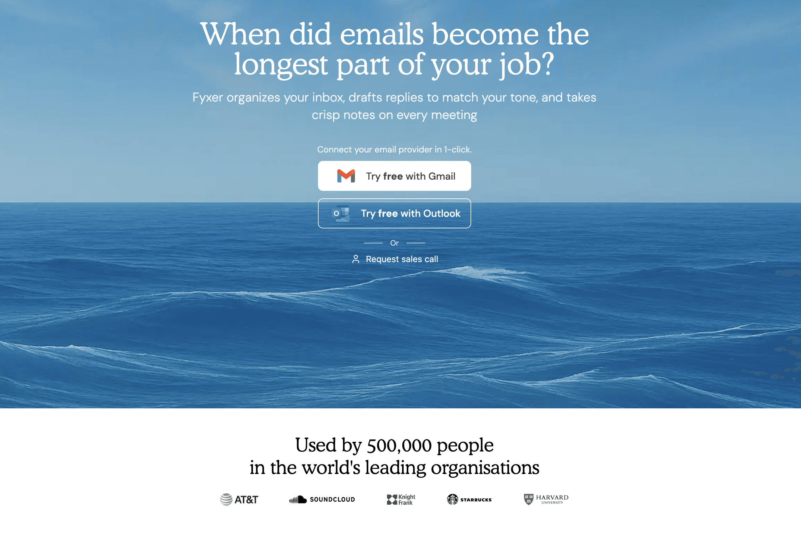 Screenshot of the homepage of email AI tool Fyxer. 