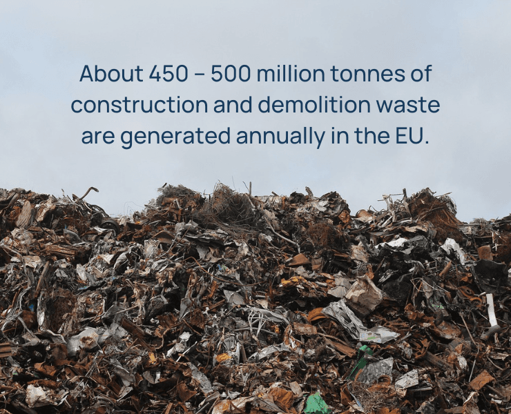 Waste landfill with different packaging and objects. Impactful sentence with the following text: "About 450-500 million tonnes of construction and demolition waste are generated annually in the EU."