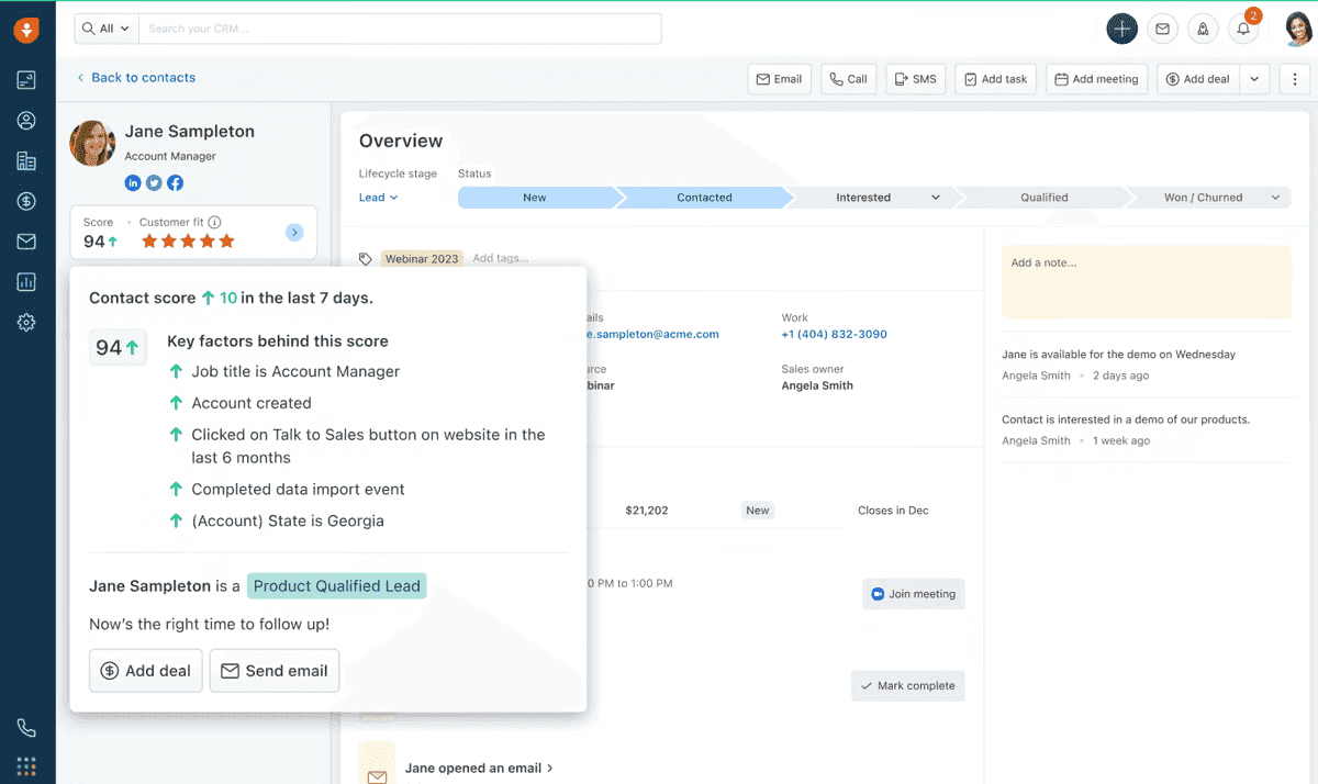 Freshsale’s interface for contacts, with the contact score card showing / Image source: https://www.g2.com/products/freshsales/reviews?source=search