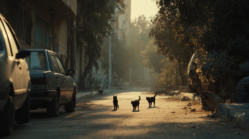 AI-generated cinematic image of three black cats standing in the middle of a quiet, sunlit street lined with parked cars and trees, evoking a moody, atmospheric film scene.