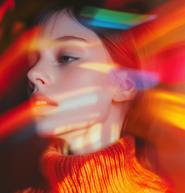 A woman’s face is brightly lit, showcasing vivid colors and highlights from surrounding lights.