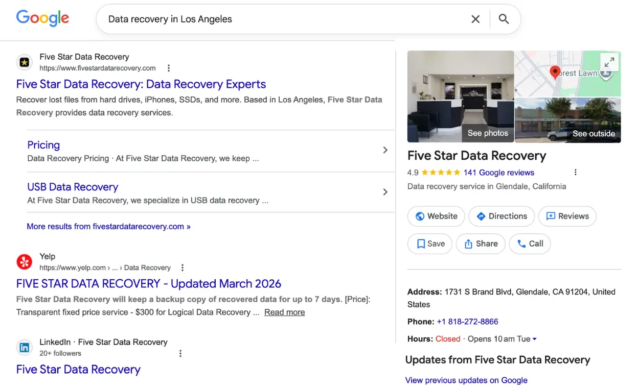 Google search results for Five Star Data Recovery in Los Angeles with business listing
