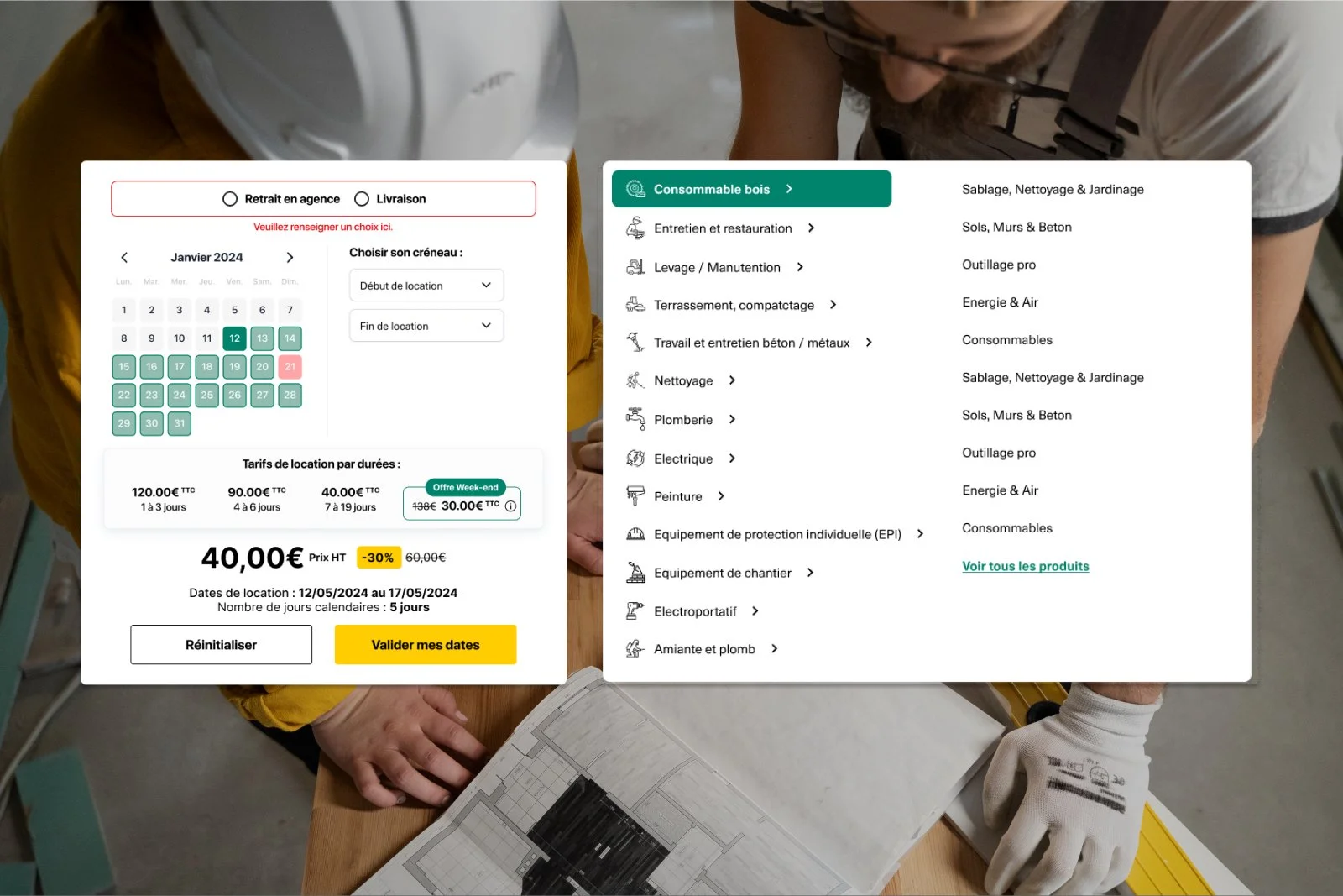 Refonte du système de réservation Toolouer avec calendrier de location, tarifs par durée et navigation par catégories métier