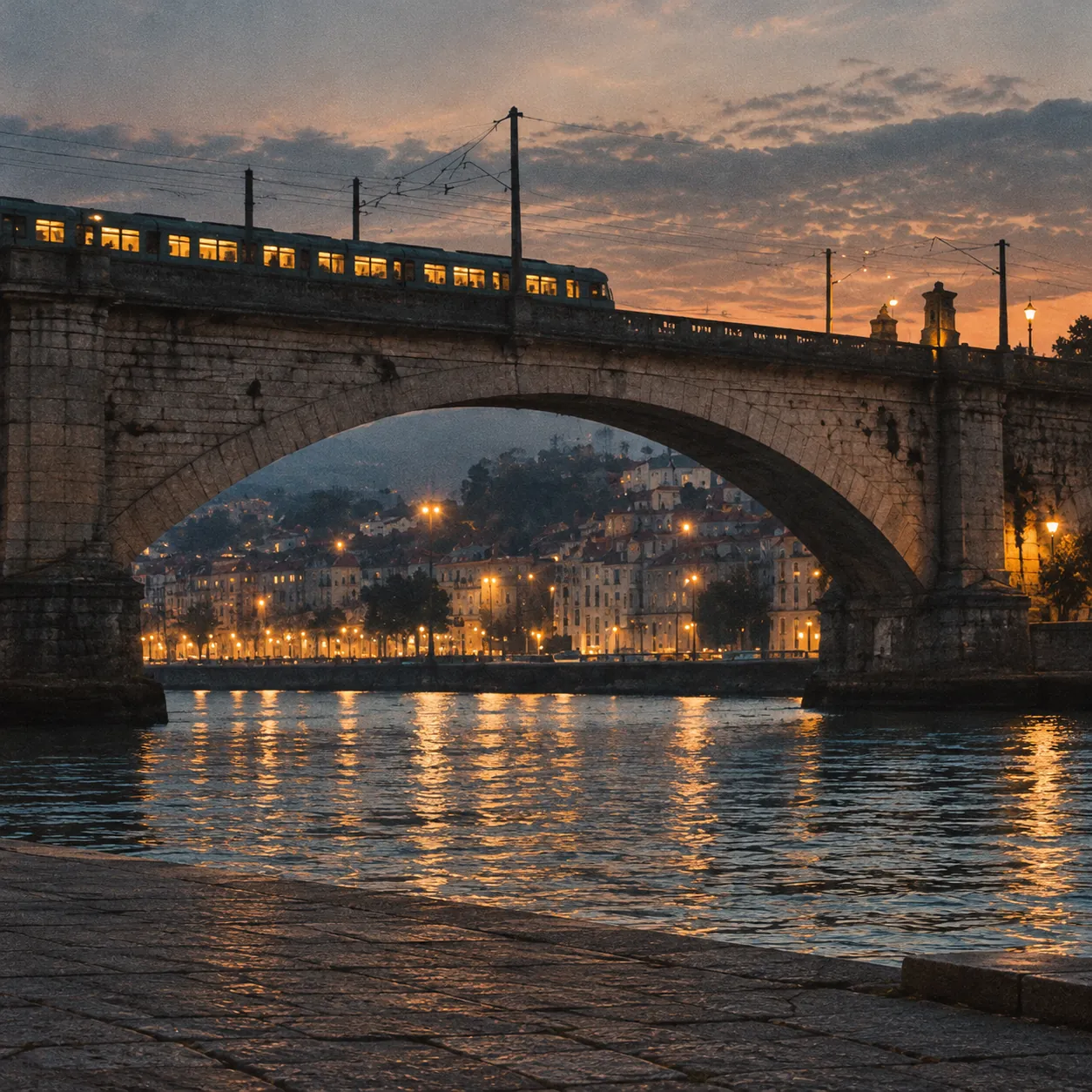 A lit train crossing a stone arch bridge over a river at dusk, the city's lights reflected in the water beneath the arch.