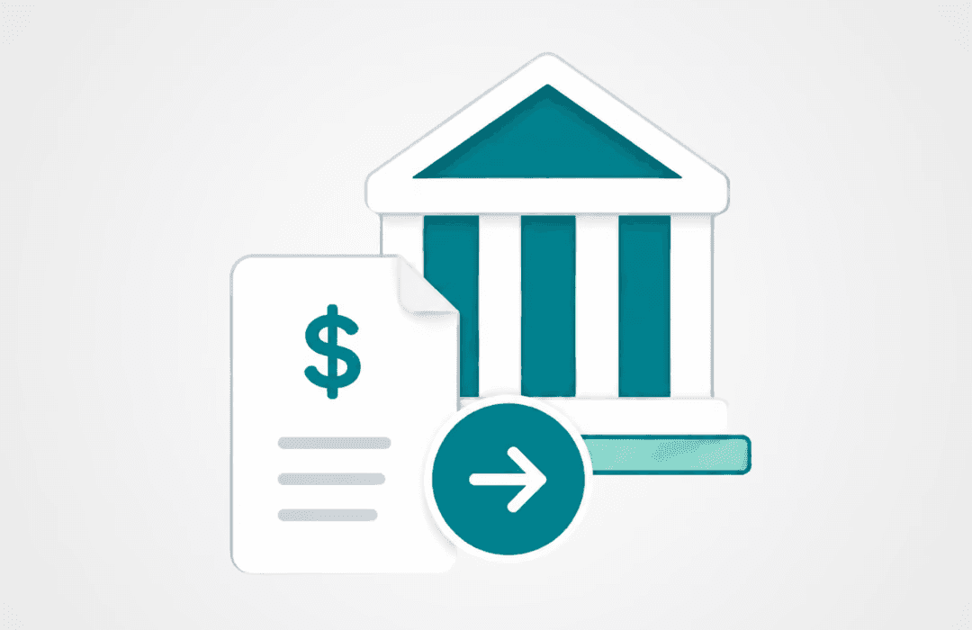 Ícone de prédio imobiliário com documento e símbolo de dólar, acompanhado de uma seta indicando transferência