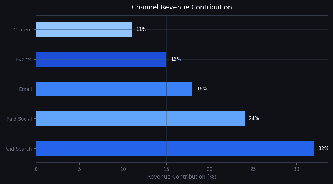 Marketing mix model bar chart showing revenue contribution by channel.