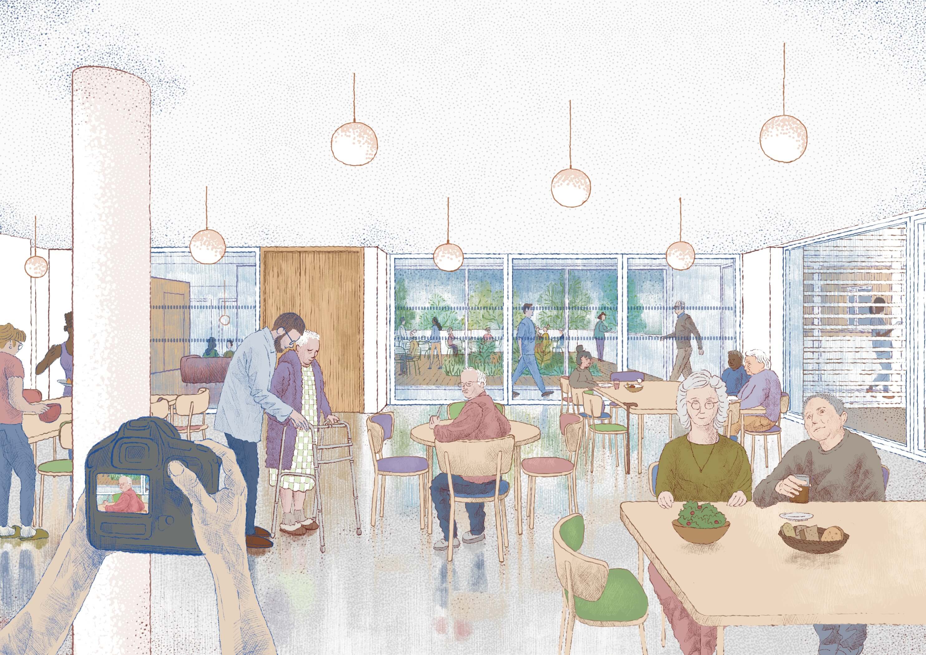 A bright, modern café interior featuring tables, plants, and people engaging in conversation.