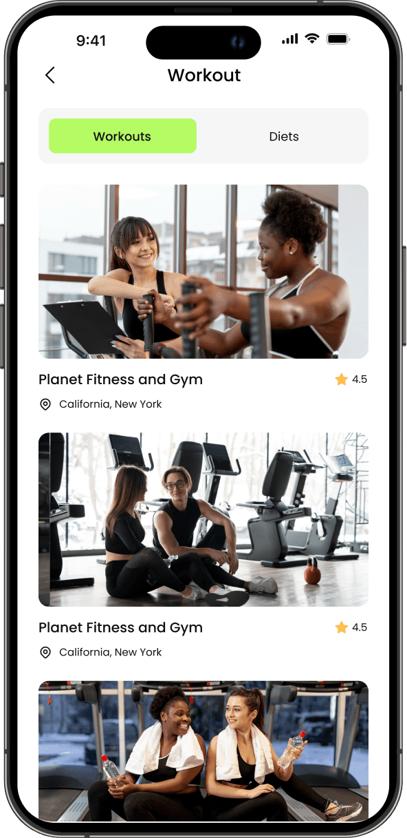 Fitness app interface displayed on an iPhone, showcasing workout tracking and health monitoring features.