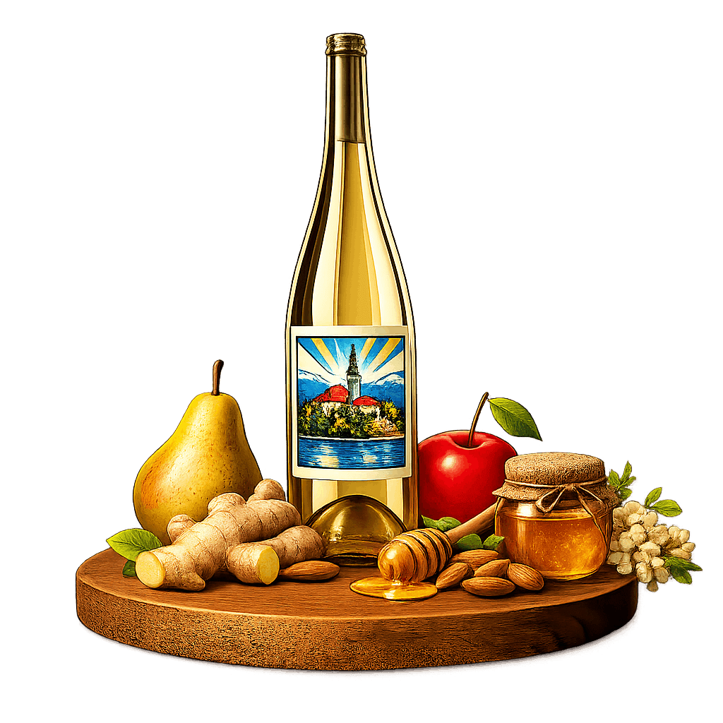 Artistic label and flavor profile for Slovenian Pinot Gris on a rustic wooden table.