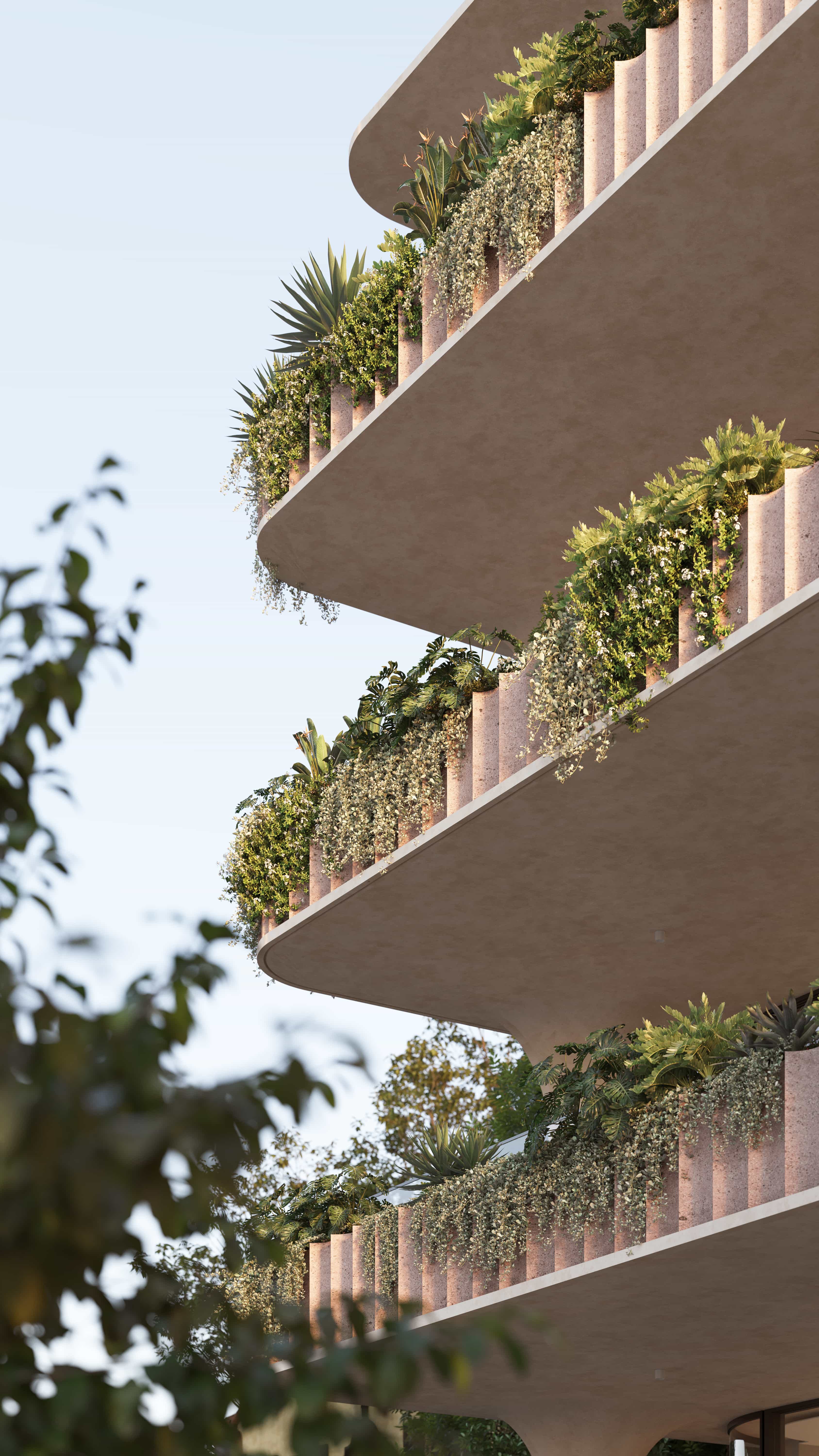 Close-up view of modern apartment balconies with cascading greenery and curved architectural edges.