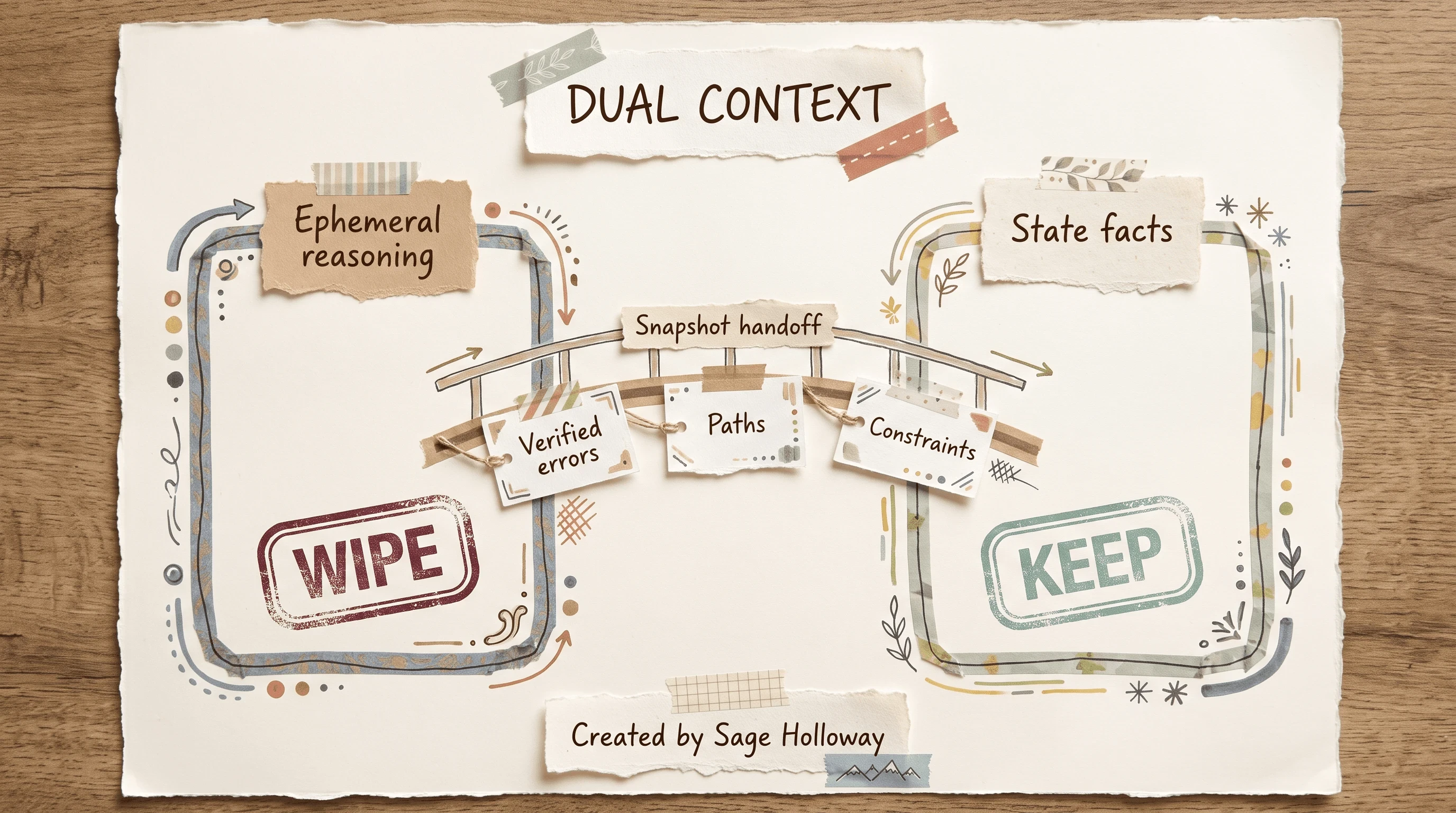 Scrapbook dual-lane diagram of ephemeral reasoning context versus immutable state-fact ledger