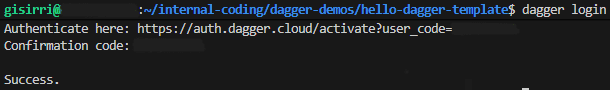 Terminal running dagger login and confirming successful authentication against Dagger Cloud