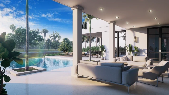 Covered outdoor living area with infinity pool and waterfront views, Island Road residence Miami