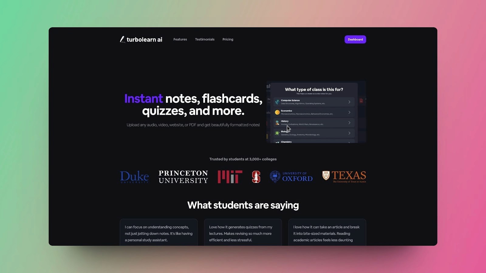 A snapshot of TurboLearn AI homepage highlighting instant notes, flashcards, quizzes, and more, trusted by top universities.