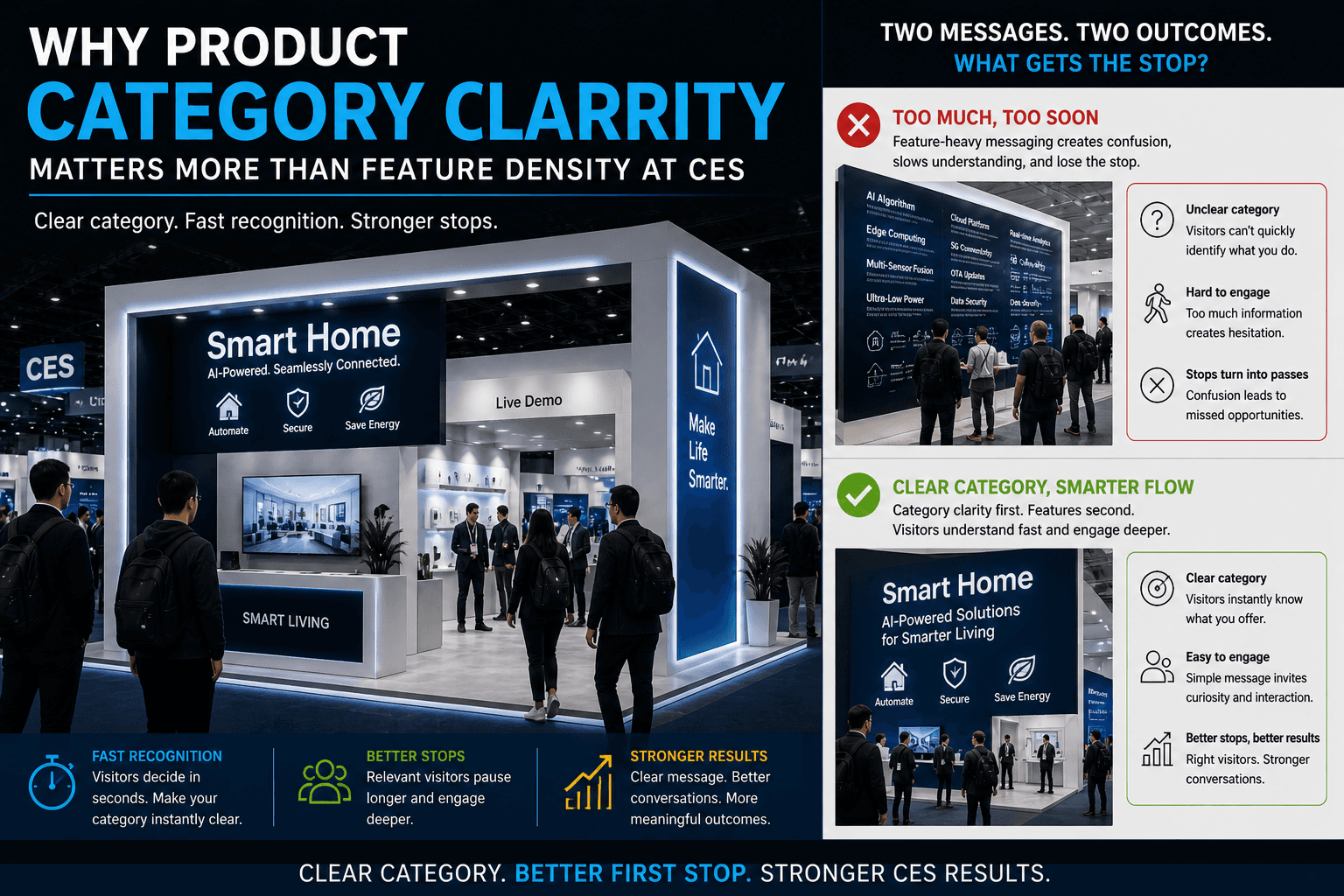 CES booth graphics comparison showing why clear product category messaging earns stronger first stops than feature-heavy messaging