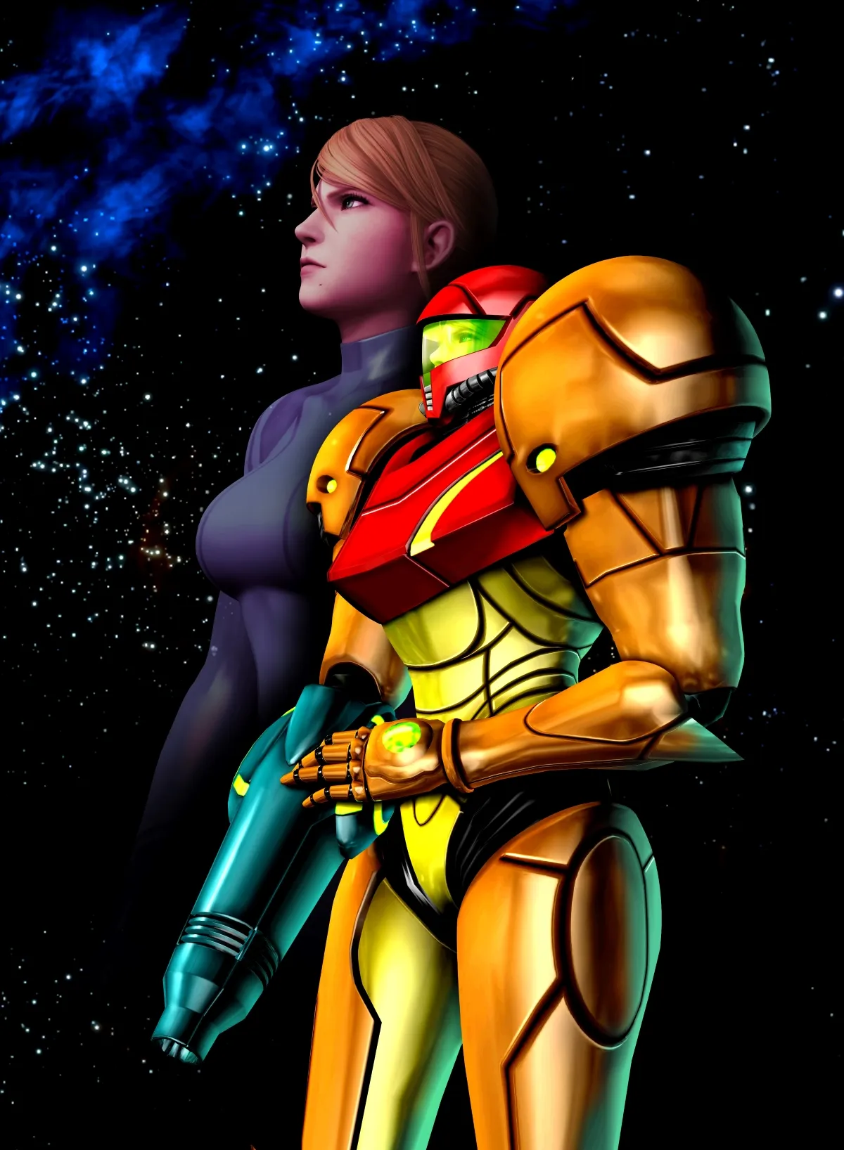 A futuristic armour suit placed confidently in outer space alongside a female figure in a sleek, dark bodysuit, against a backdrop of stars and a vibrant nebula, embodying the essence of science fiction adventure.