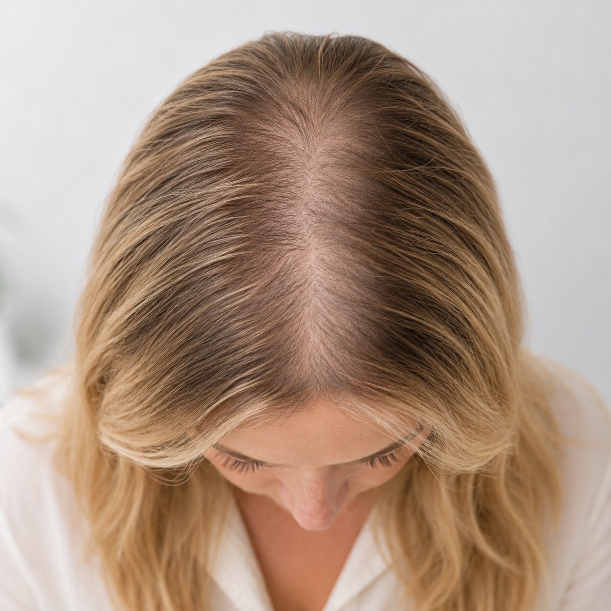 Bovenaanzicht van een vrouw met diffuse haarverdunning verspreid over de hoofdhuid zonder duidelijke kale plekken.