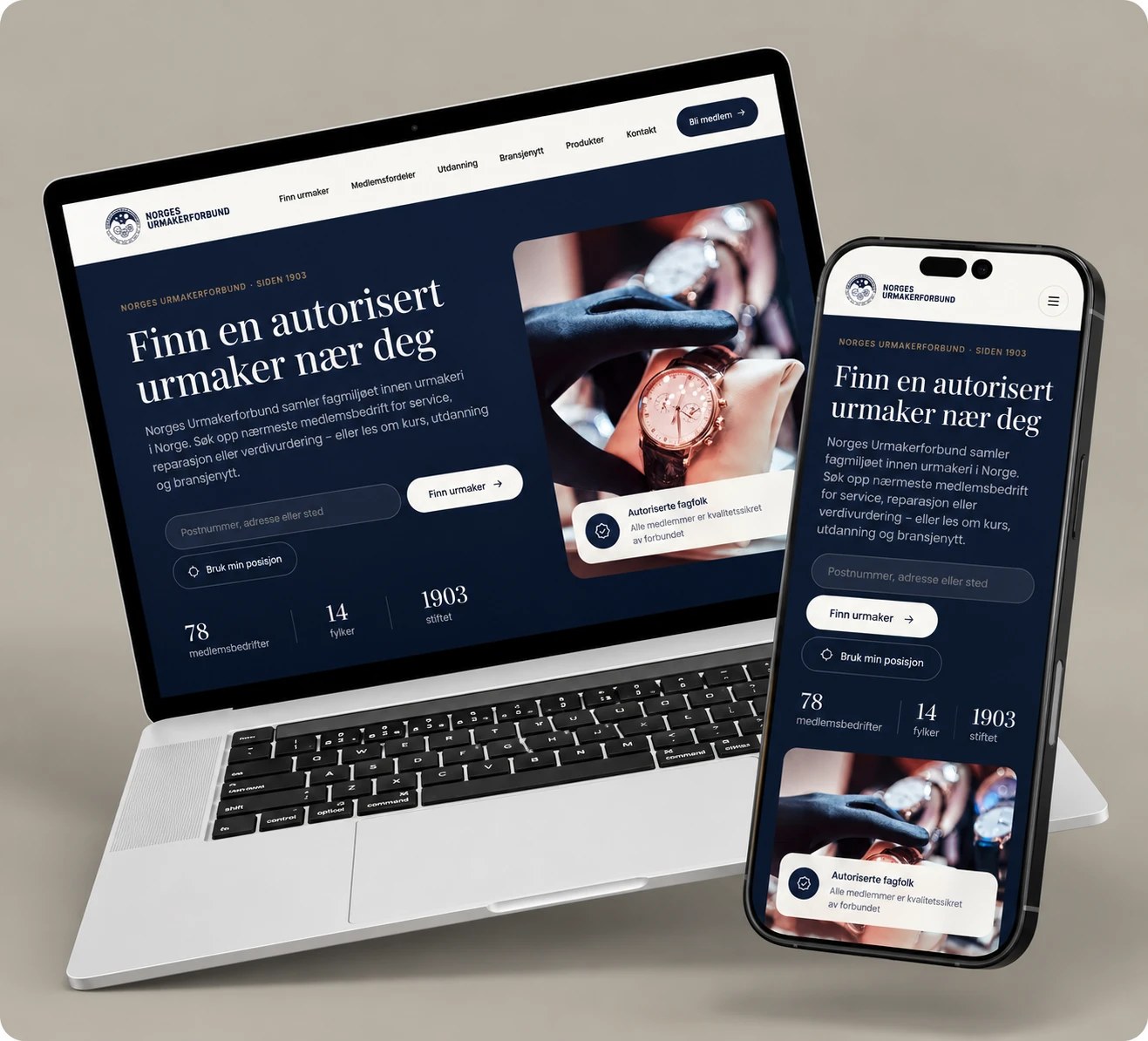 Nye nettsider for Norges Urmakerforbund med urmakersøk, vist på laptop og mobil