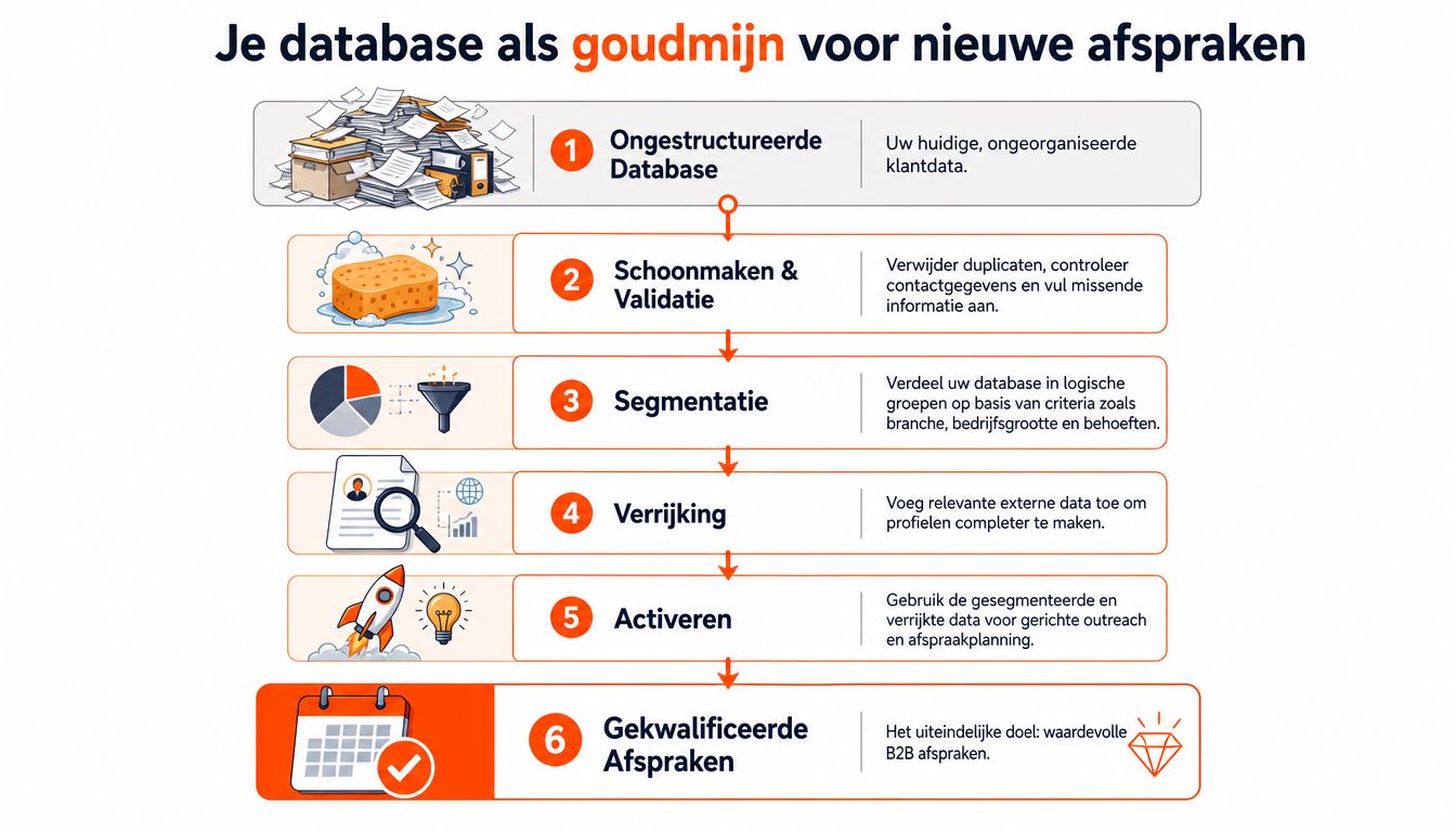 Een stappenplan infographic die toont hoe een database omgezet wordt in waardevolle B2B afspraken voor bedrijven.