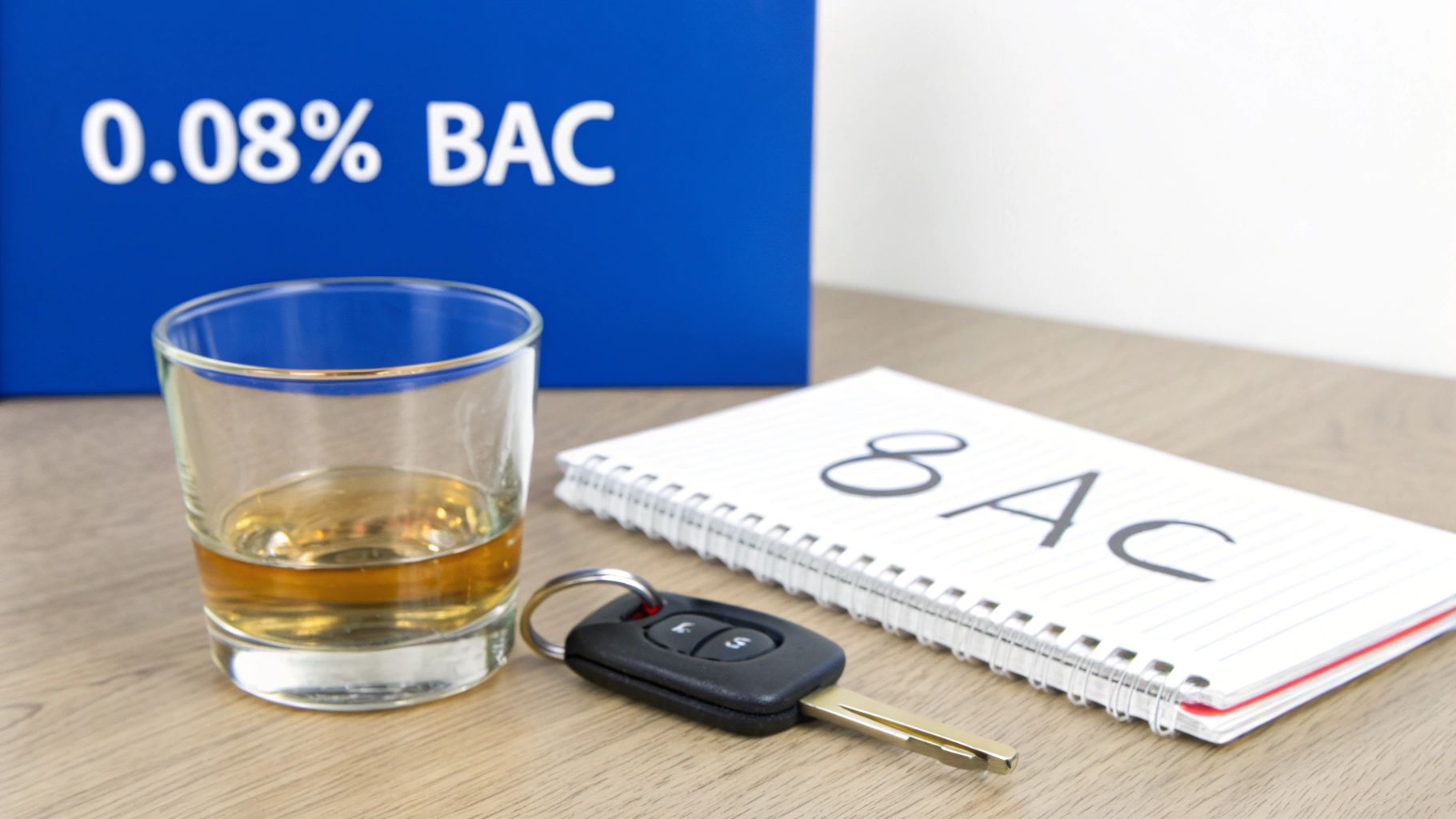 Image shows a glass of alcohol, car key, and '0.08% BAC' sign, warning against drunk driving.