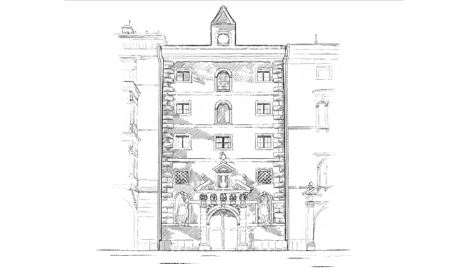 Zeichnung einer barocken Fassade mit Portal, Erkern und Wappen darüber