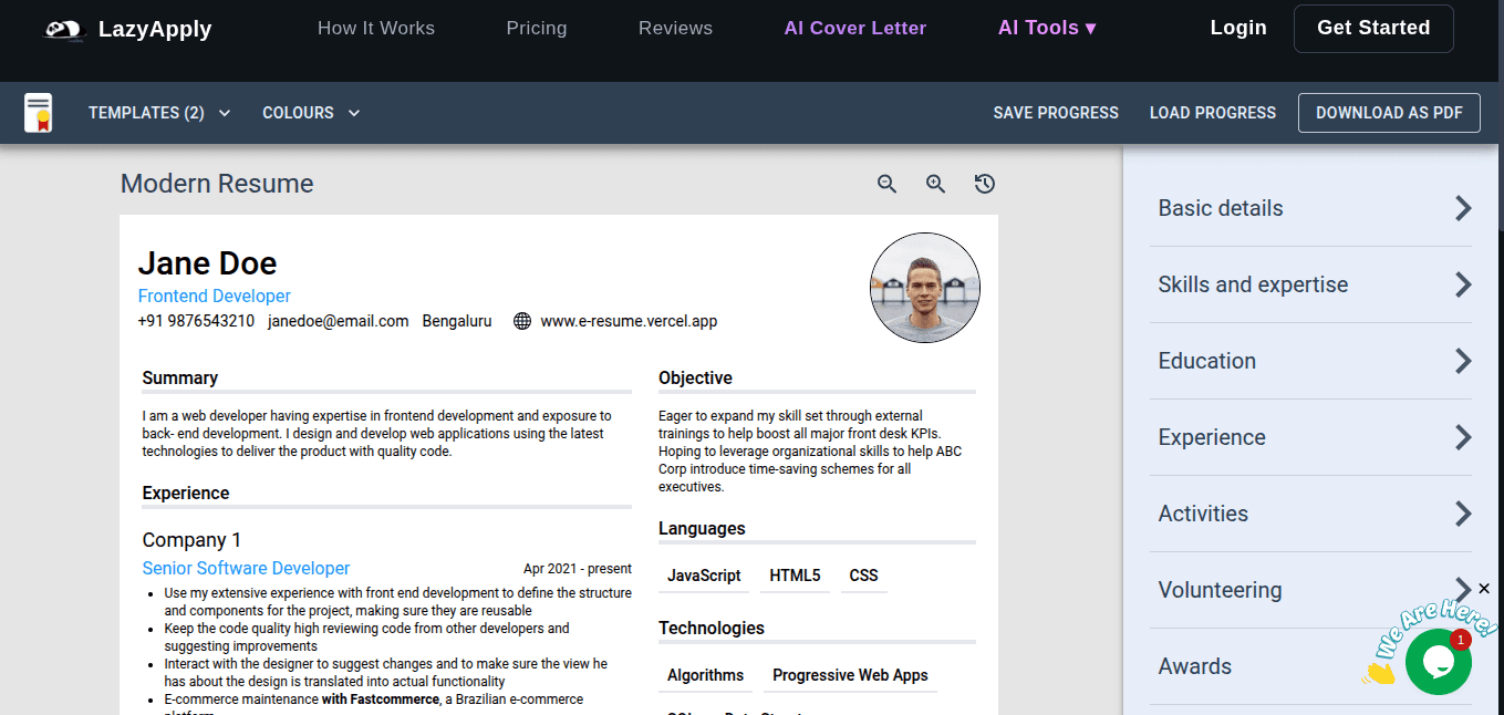 LazyApply resume builder showing the Modern Resume template with section fields and only two template options