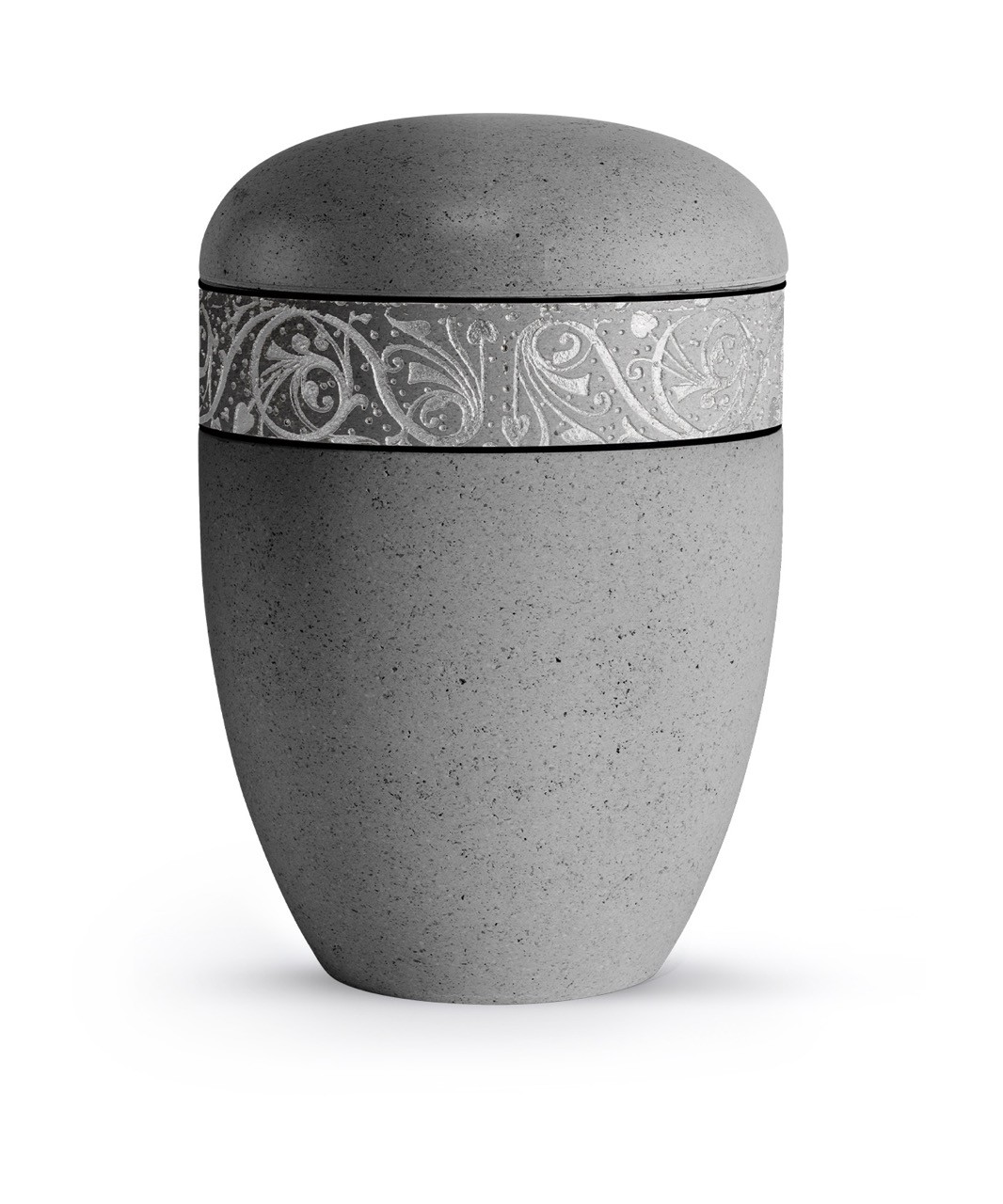 Urne 6212: „Terra-Jura“ Urne Edition Rocka, Muschelkalkbeschichtung betongrau, Reliefring silber