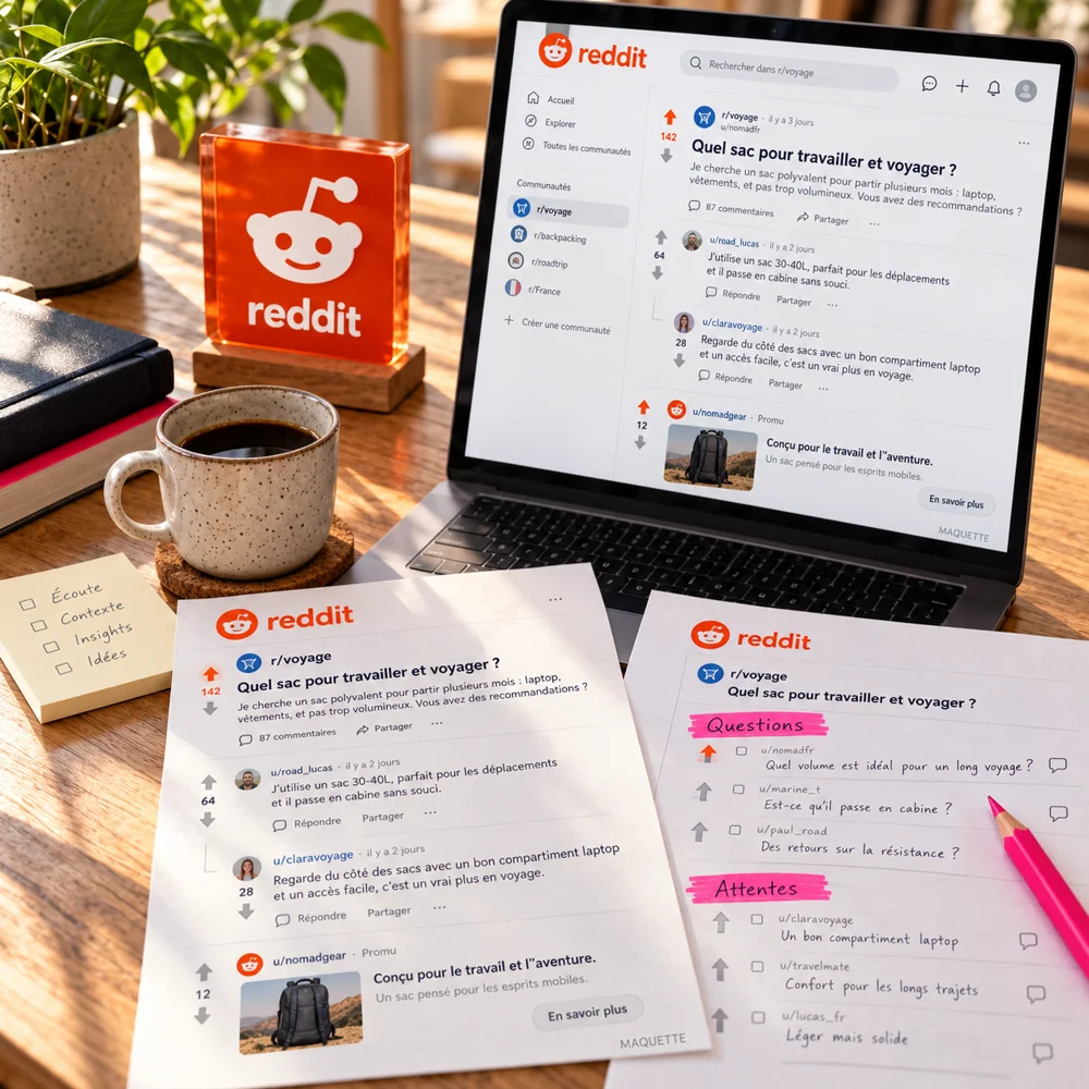 Un fil de discussion Reddit sur ordinateur et des questions de publics annotées sur une table de recherche.