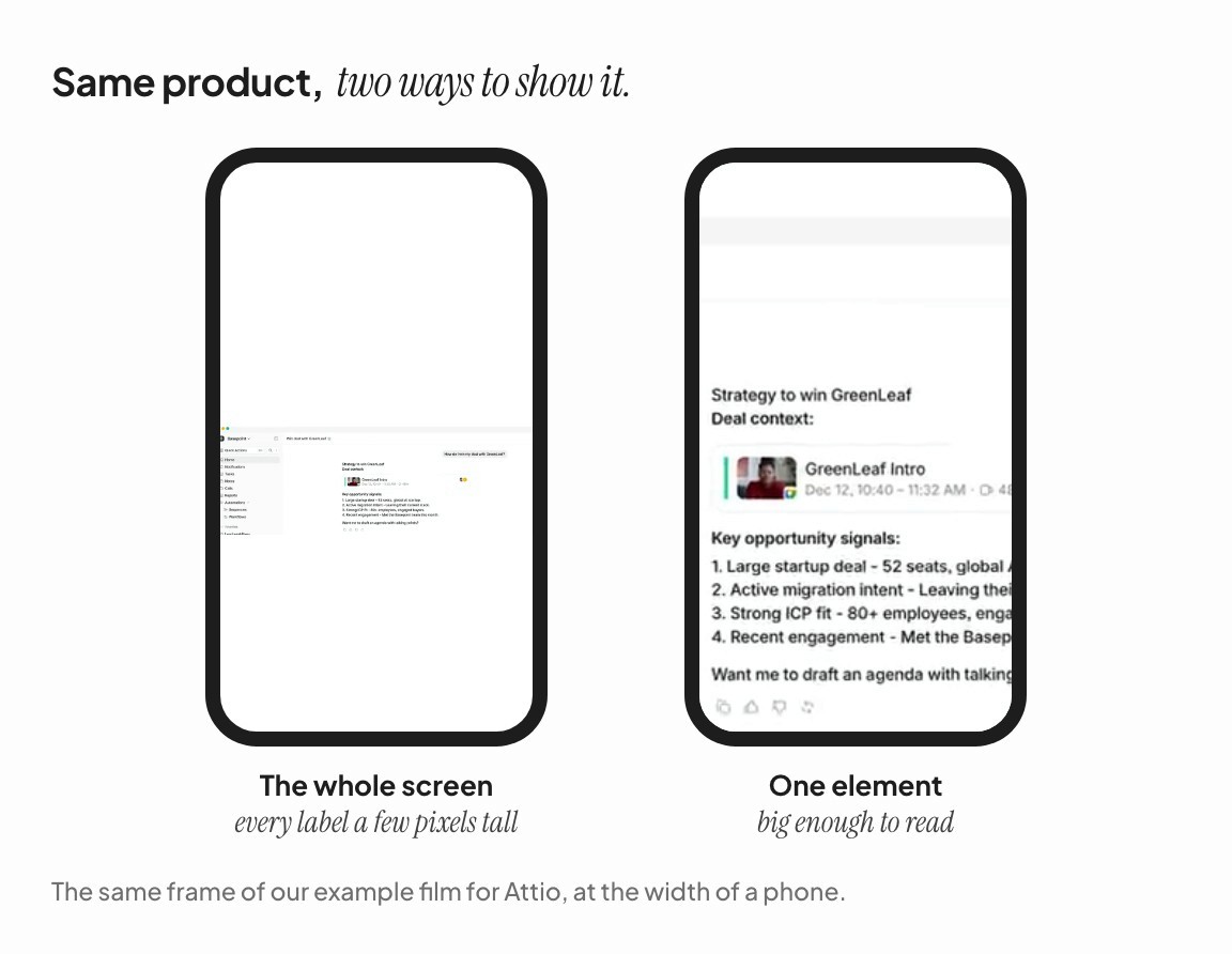 Two phones: one shows a whole app screen shrunk to phone width, the other a single element large enough to read.